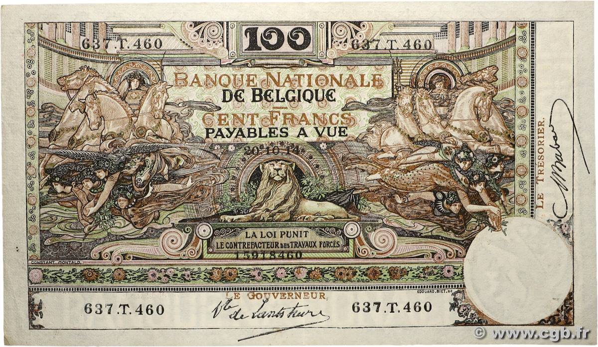100 Francs BELGIUM  1914 P.078 XF