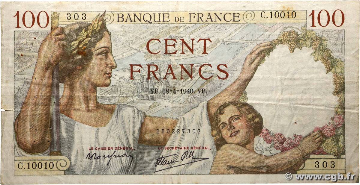 100 Francs SULLY FRANCE  1940 F.26.27 TB