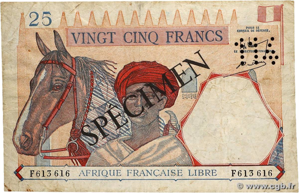 25 Francs type 1941 Spécimen AFRIQUE ÉQUATORIALE FRANÇAISE  1943 A.115bS2 F