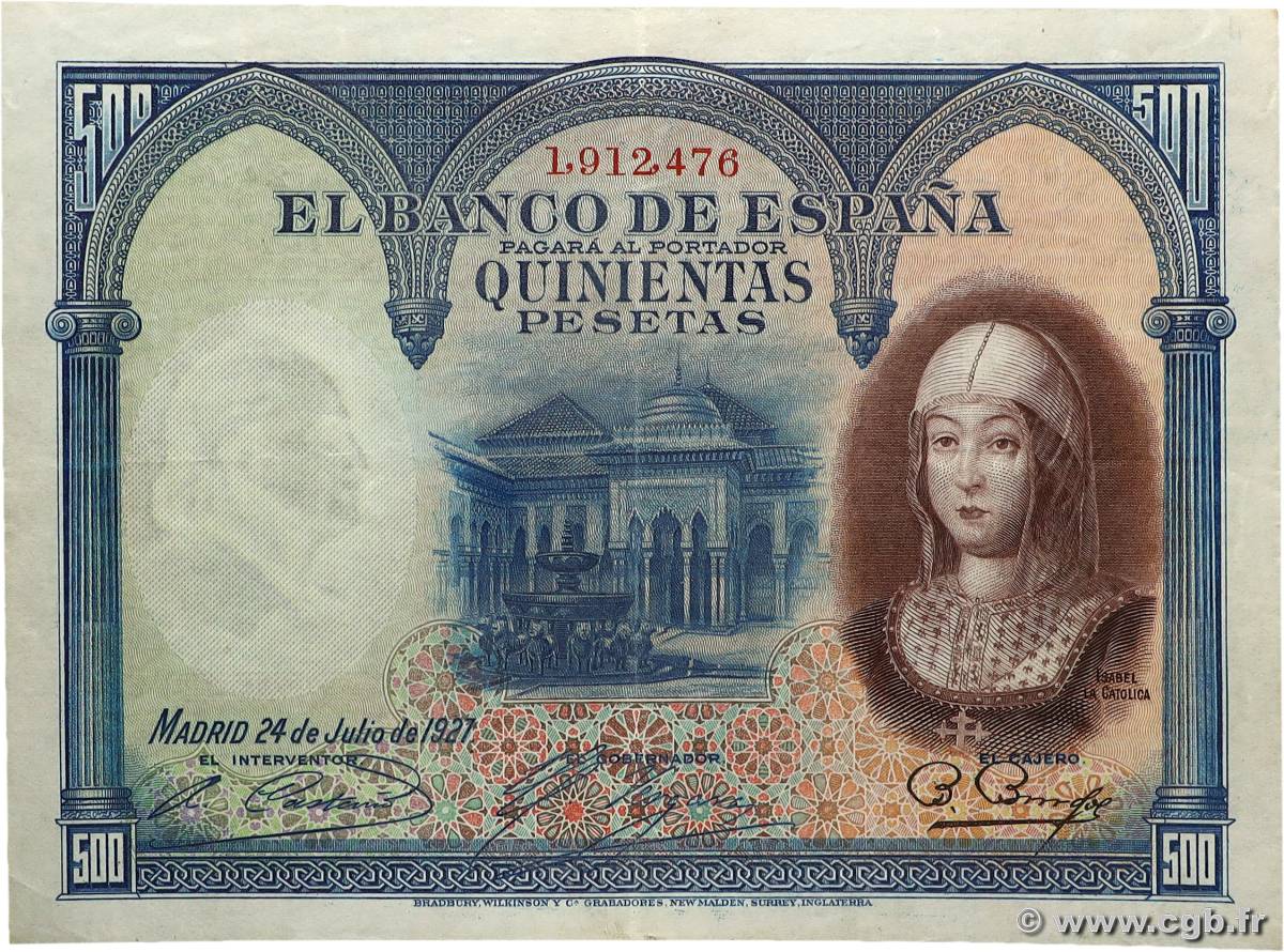 500 Pesetas SPAGNA  1927 P.073c q.SPL