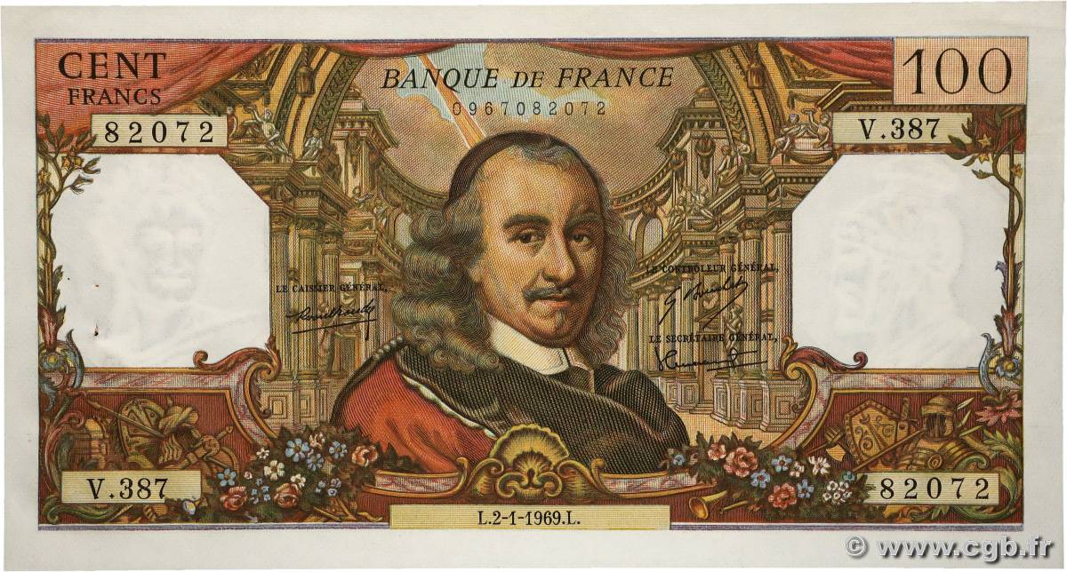 100 Francs CORNEILLE FRANCE  1969 F.65.25 AU-