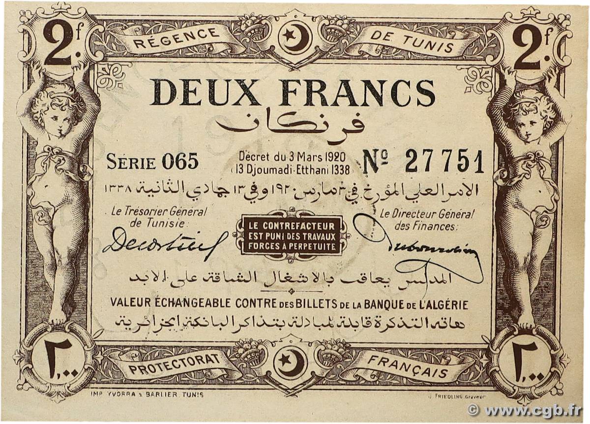 2 Francs TUNESIEN  1920 P.50 fST+