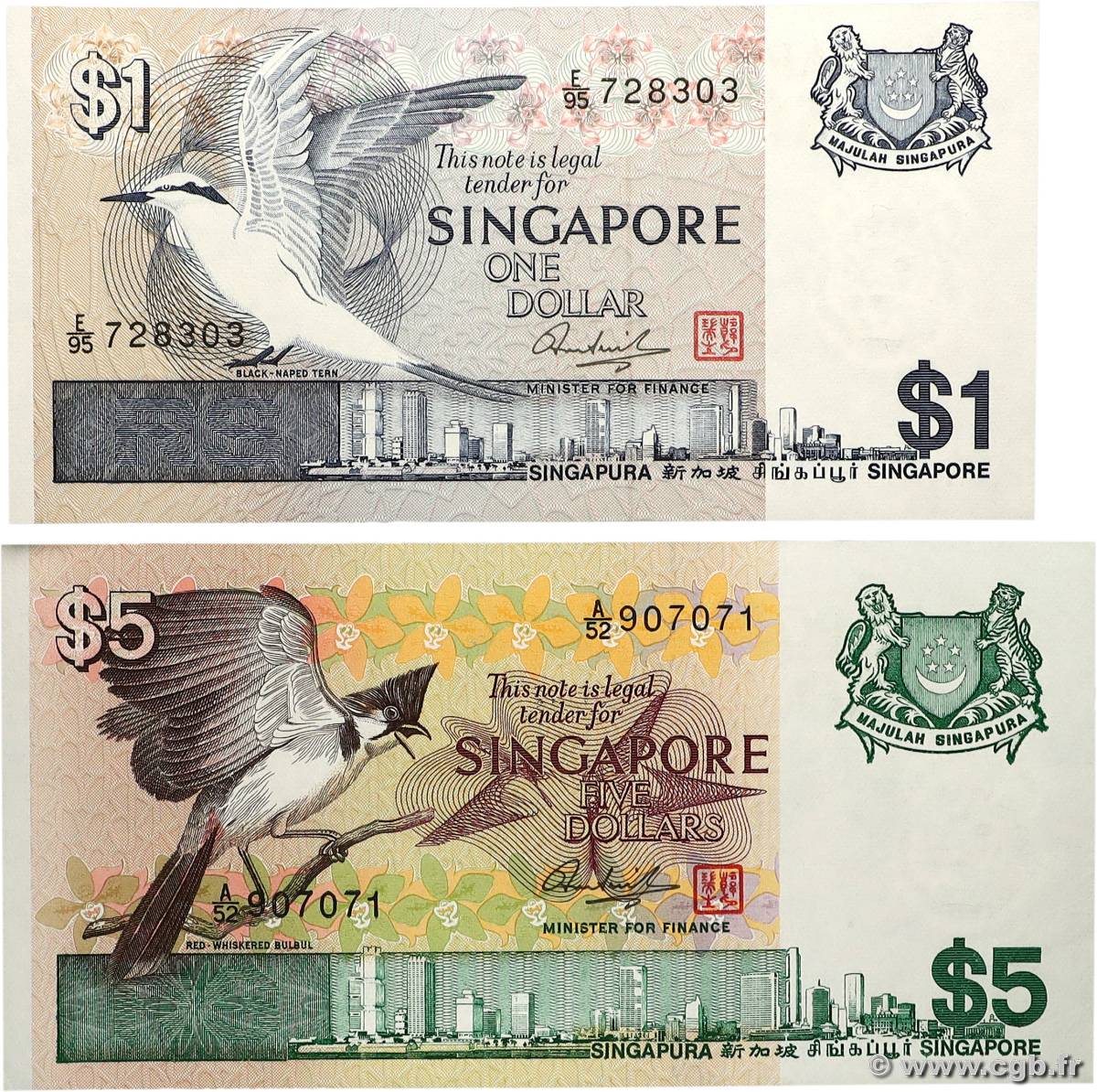1 et 5 Dollars Lot SINGAPOUR  1976 P.09 et P.10 NEUF