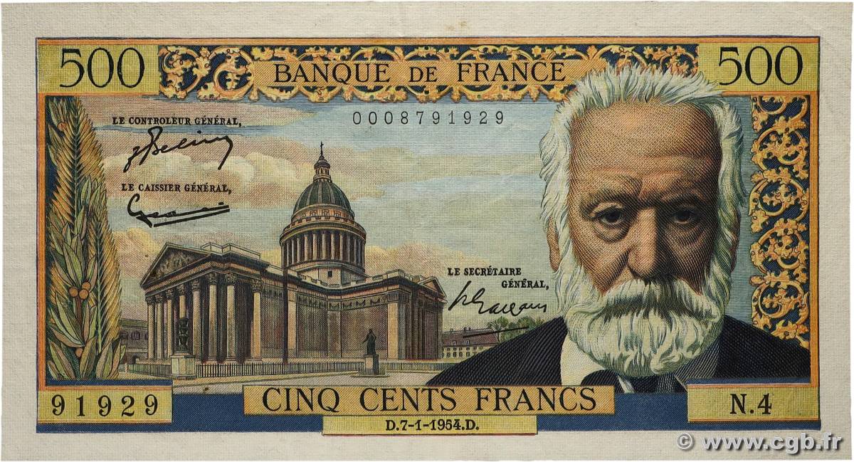 500 Francs VICTOR HUGO FRANKREICH  1954 F.35.01 SS