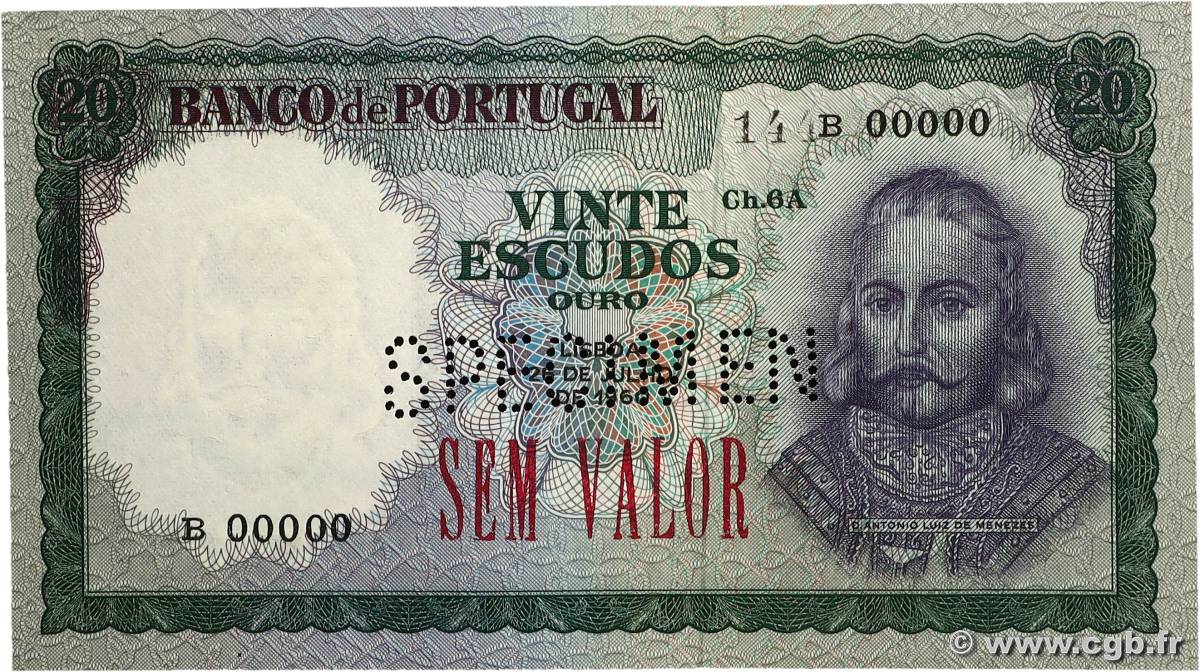 20 Escudos Spécimen PORTUGAL  1960 P.163as fVZ