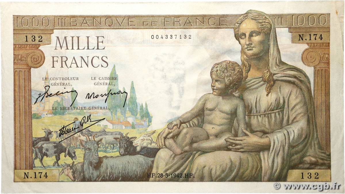 1000 Francs DÉESSE DÉMÉTER FRANCE  1942 F.40.01 TTB