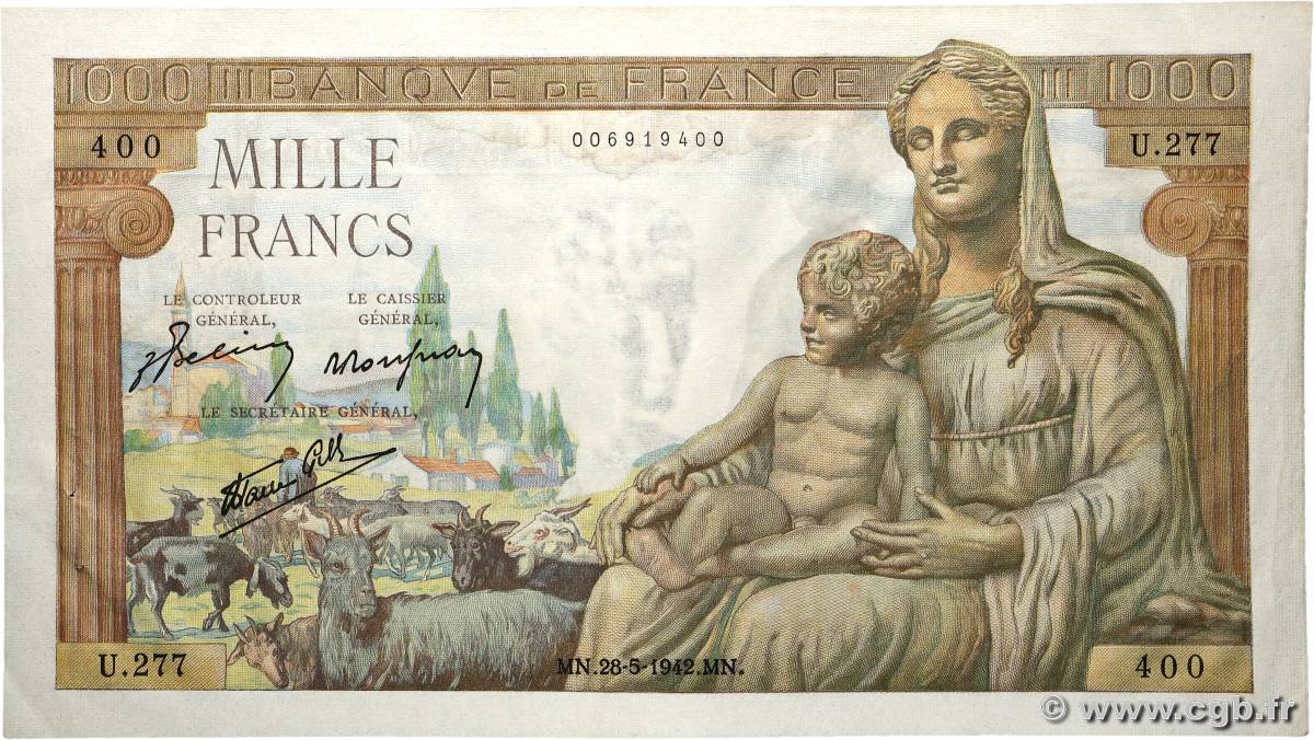 1000 Francs DÉESSE DÉMÉTER FRANCE  1942 F.40.01 pr.SUP