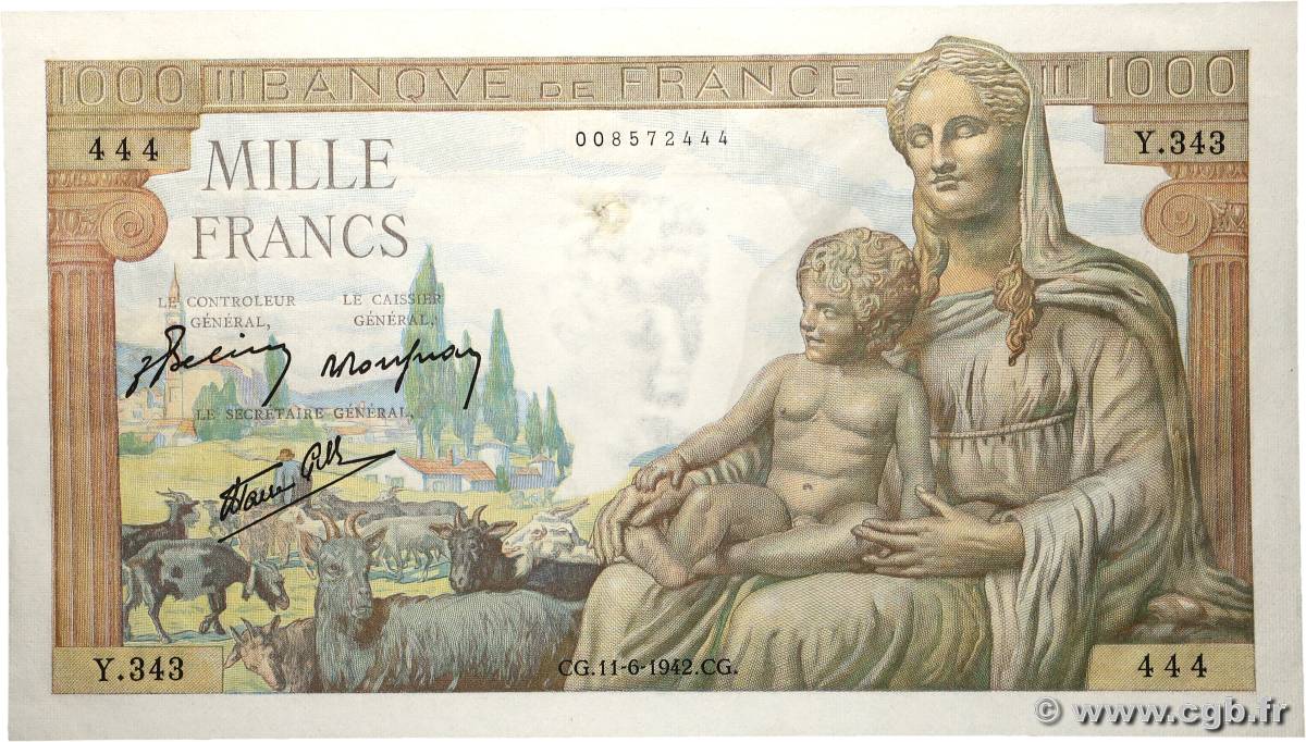1000 Francs DÉESSE DÉMÉTER FRANCE  1942 F.40.02 SUP+