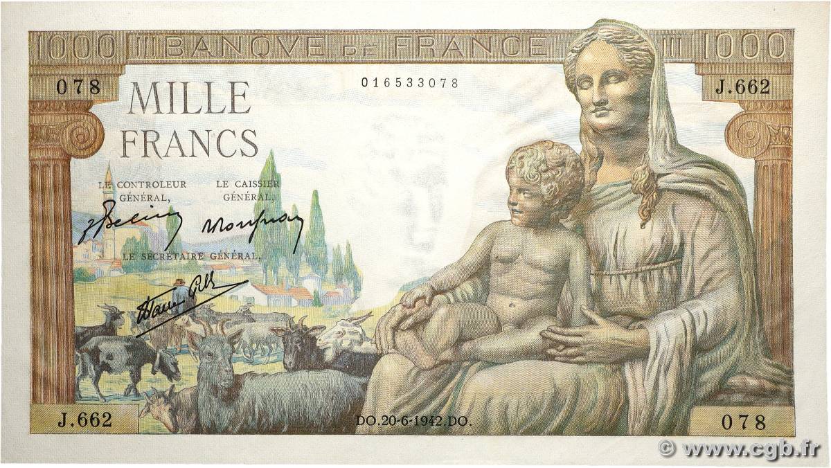 1000 Francs DÉESSE DÉMÉTER FRANCE  1942 F.40.03 SPL+