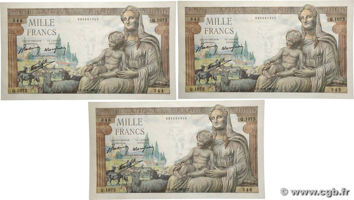 1000 Francs DÉESSE DÉMÉTER Consécutifs FRANCE  1942 F.40.05 pr.SPL