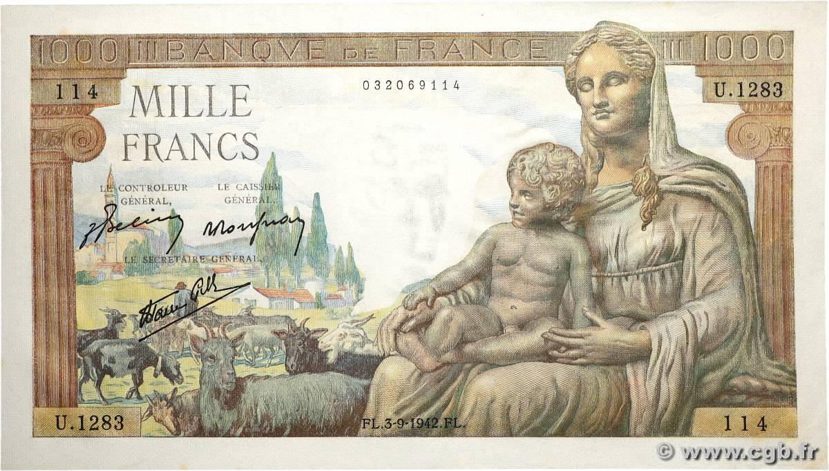 1000 Francs DÉESSE DÉMÉTER FRANCE  1942 F.40.06 AU+