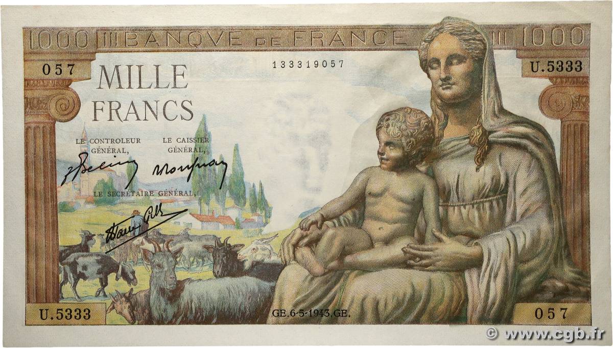 1000 Francs DÉESSE DÉMÉTER FRANCIA  1943 F.40.23 SC