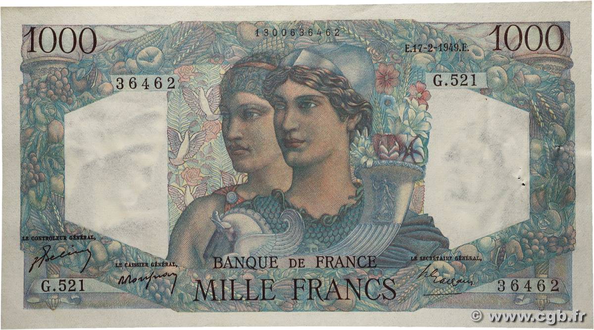 1000 Francs MINERVE ET HERCULE FRANCE  1949 F.41.25 SUP