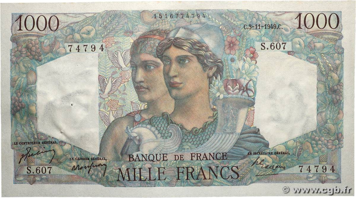 1000 Francs MINERVE ET HERCULE FRANCE  1949 F.41.29 SPL