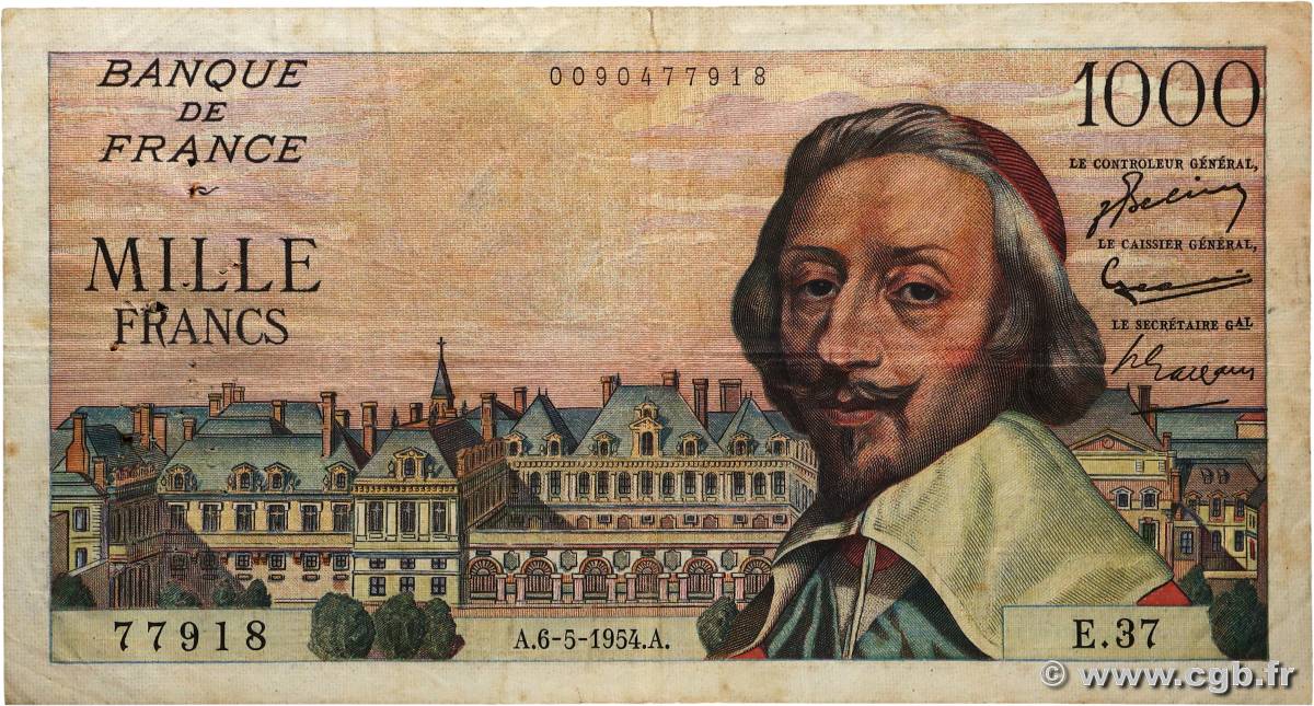 1000 Francs RICHELIEU FRANCIA  1954 F.42.05 RC+