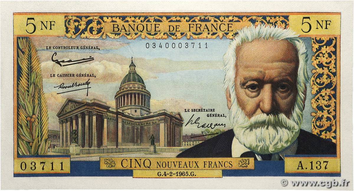 5 Nouveaux Francs VICTOR HUGO FRANKREICH  1965 F.56.17 fST+