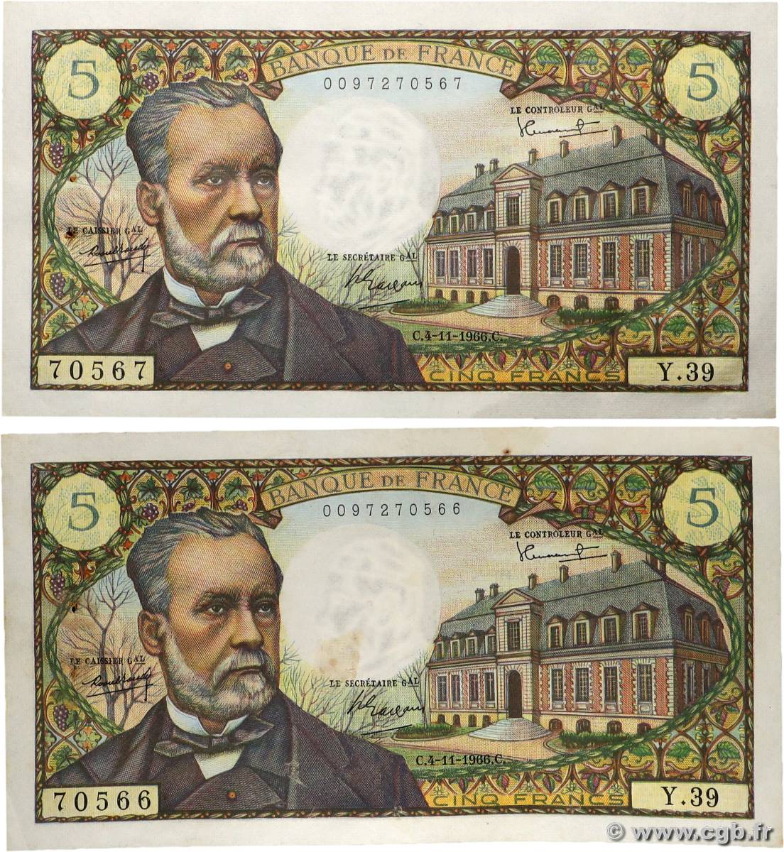 5 Francs PASTEUR Consécutifs FRANCE  1966 F.61.04 VF+