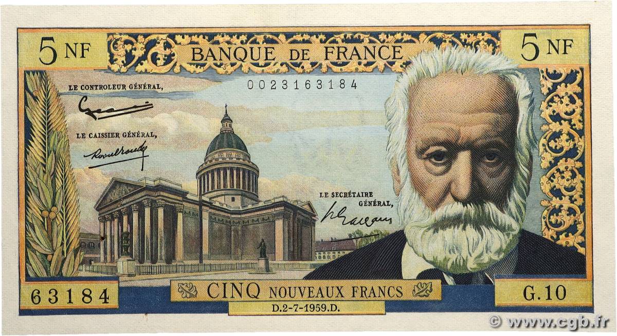 5 Nouveaux Francs VICTOR HUGO FRANCE  1959 F.56.02 AU-