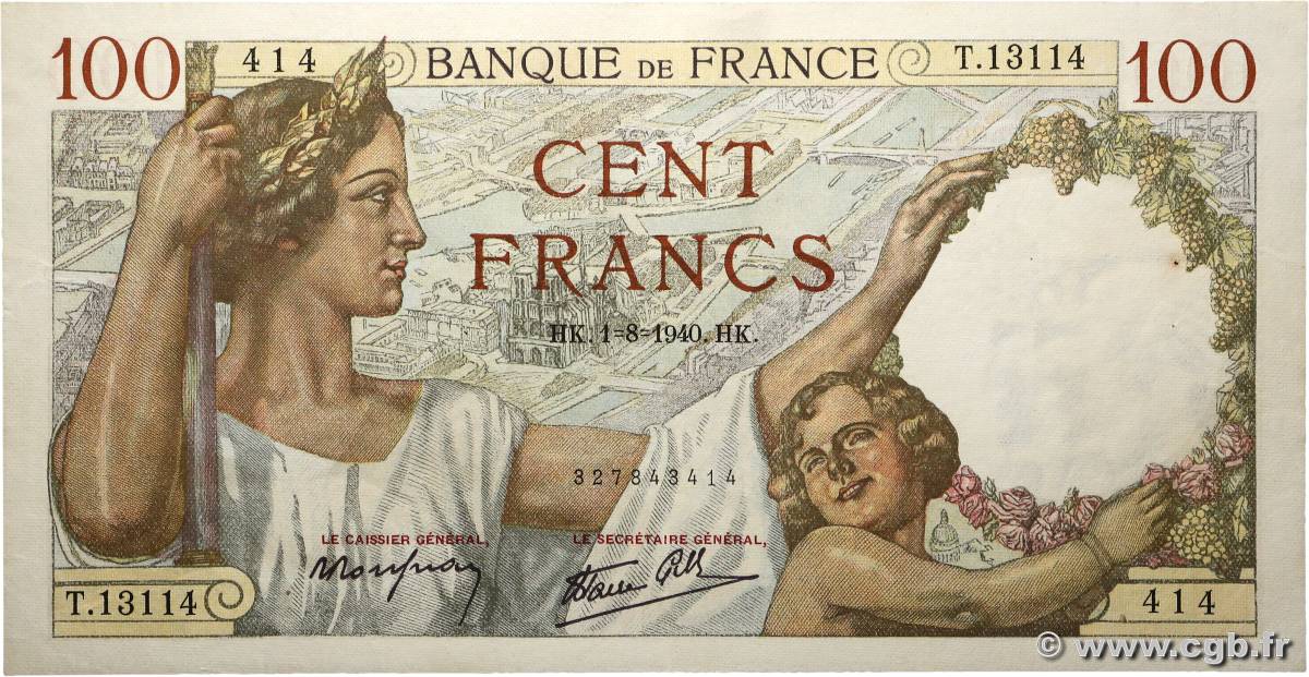 100 Francs SULLY FRANCE  1940 F.26.34 VF+