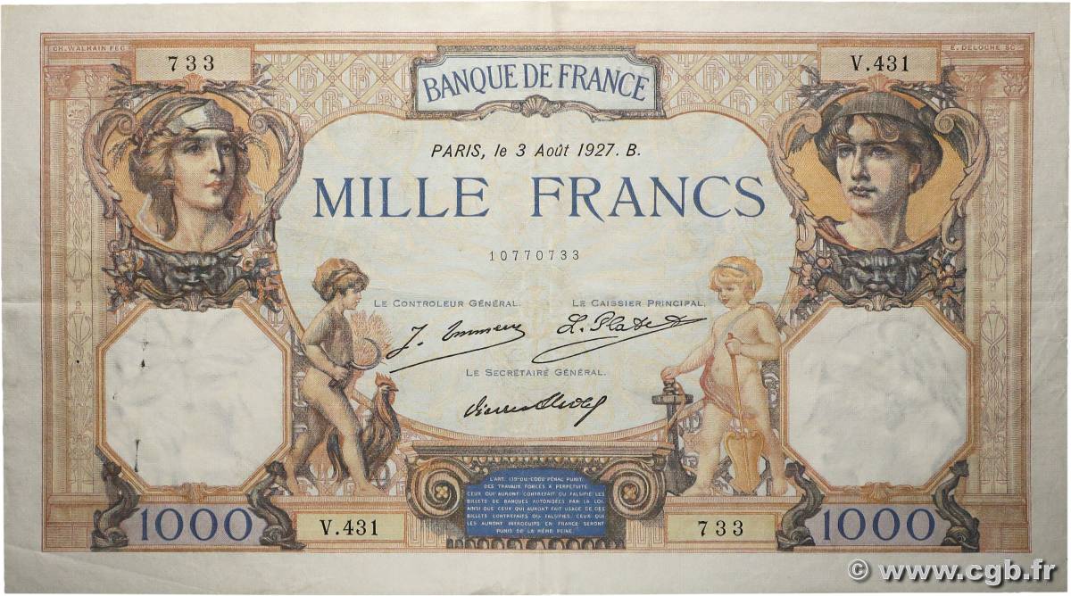 1000 Francs CÉRÈS ET MERCURE FRANCIA  1927 F.37.01 MBC+