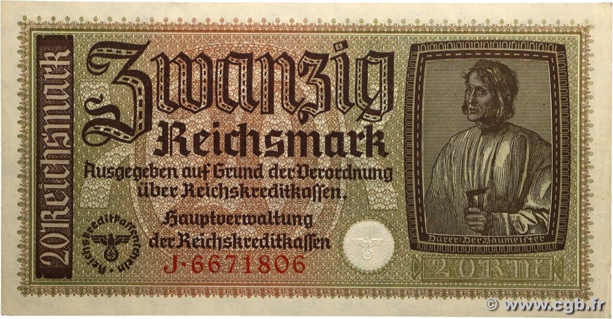 20 Reichsmark GERMANY  1940 P.R139 AU+
