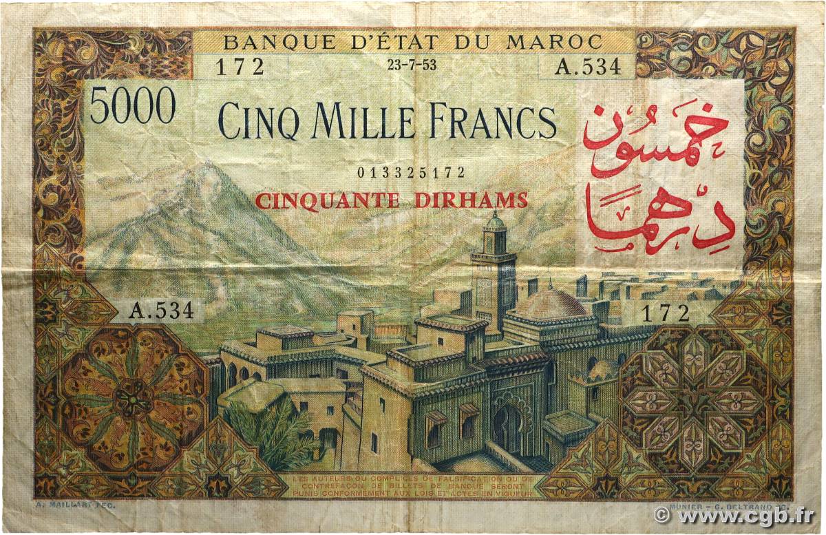 50 Dirhams sur 5000 Francs MOROCCO  1953 P.51 F
