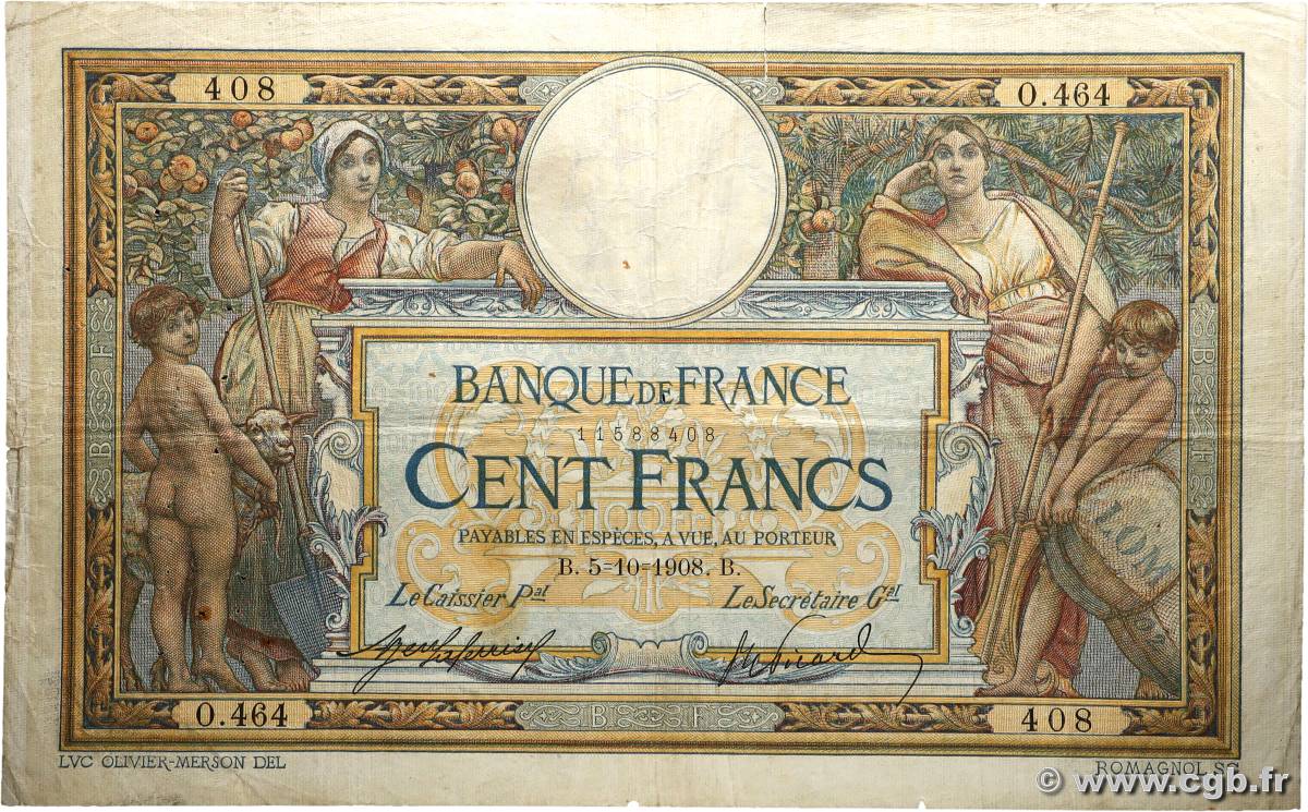 100 Francs LUC OLIVIER MERSON avec LOM FRANCE  1908 F.22.01 G