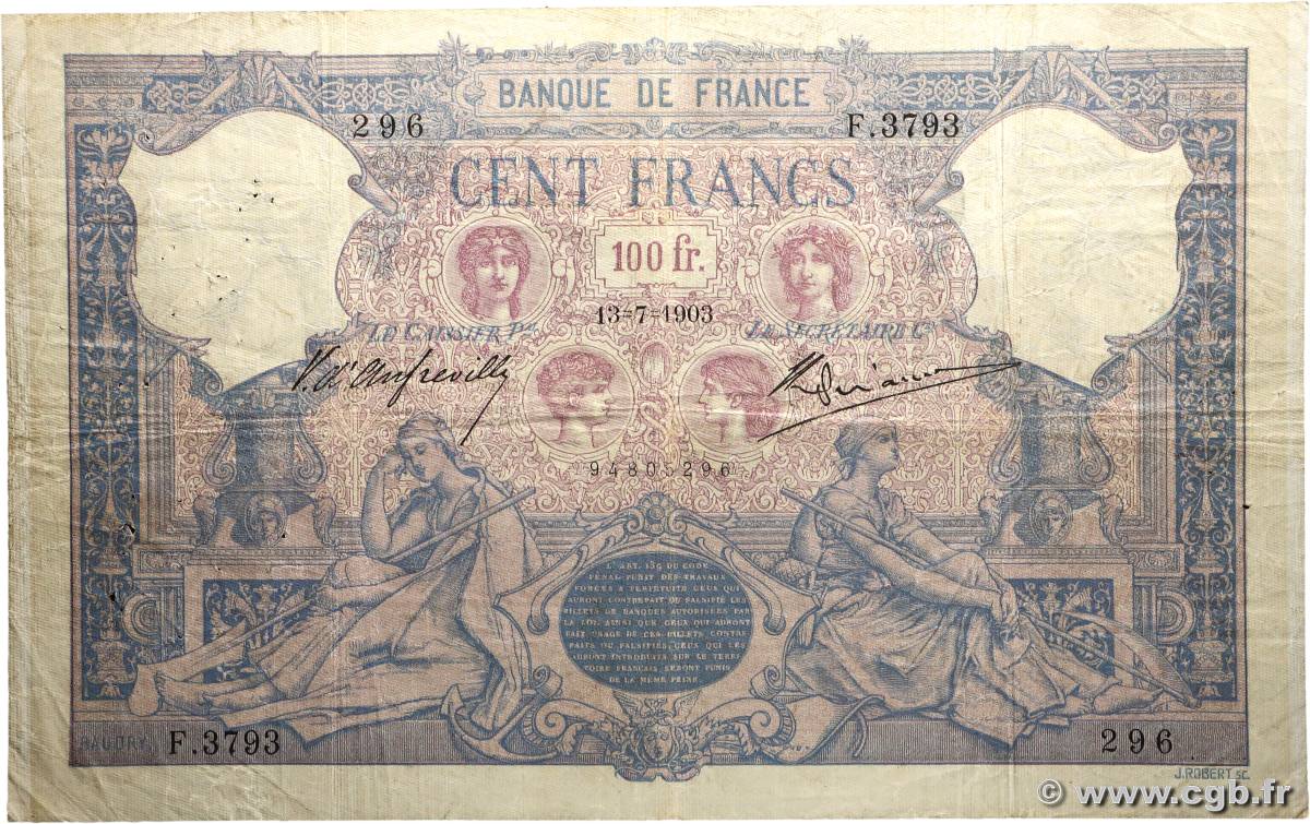 100 Francs BLEU ET ROSE FRANCE  1903 F.21.17 VG