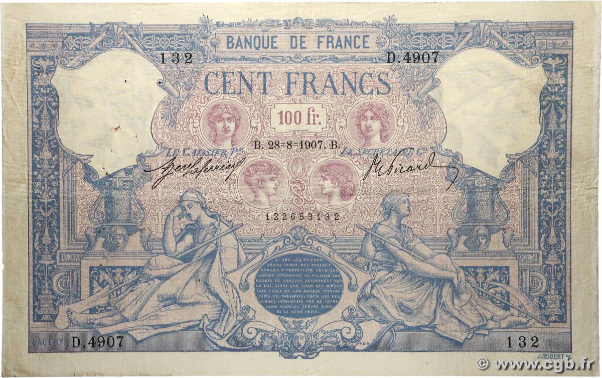 100 Francs BLEU ET ROSE FRANCE  1907 F.21.22 F