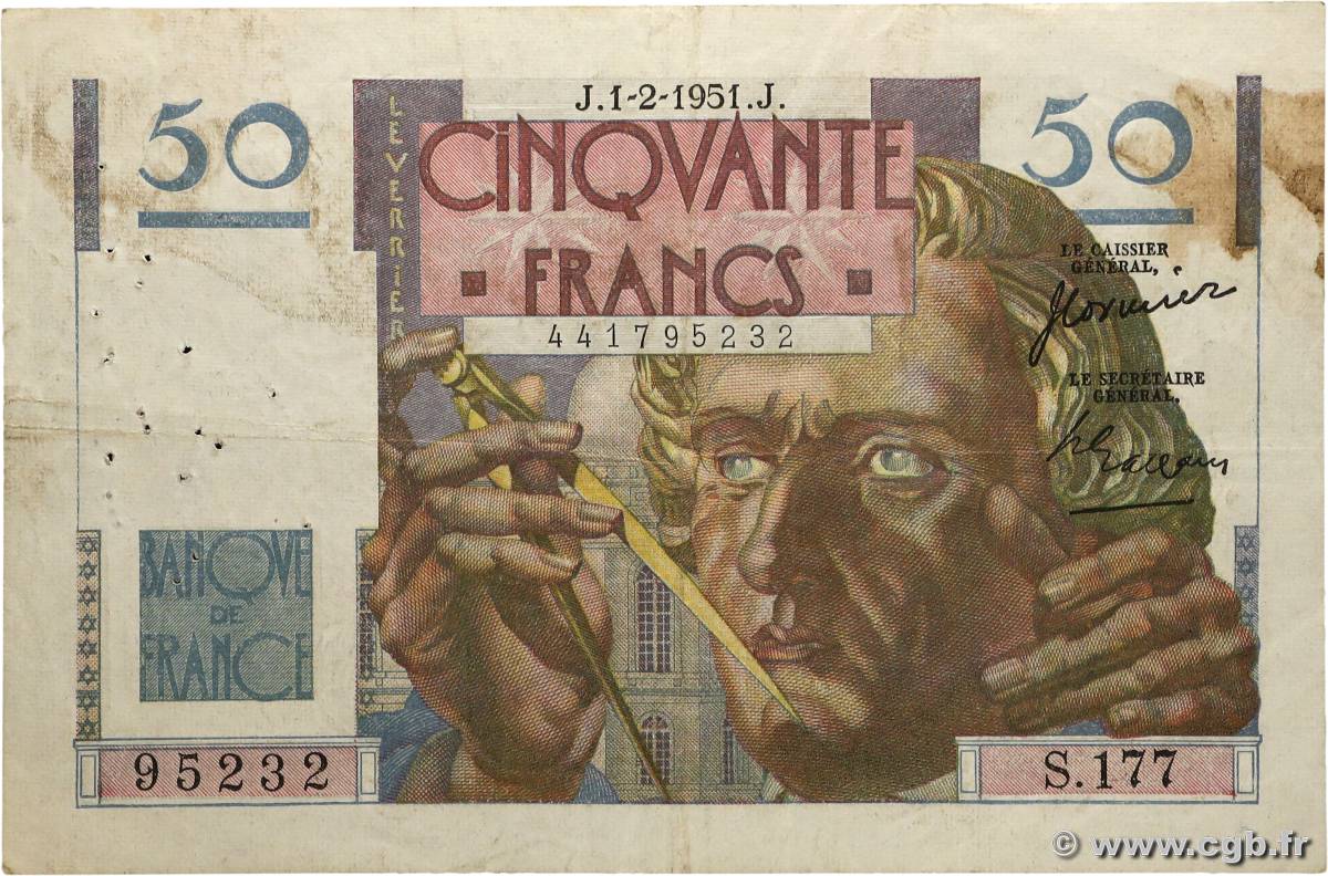 50 Francs LE VERRIER FRANCE  1951 F.20.17 F