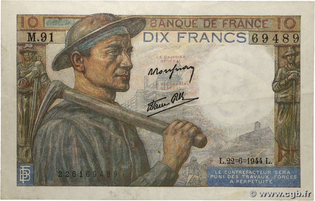 10 Francs MINEUR FRANCE  1944 F.08.12 VF