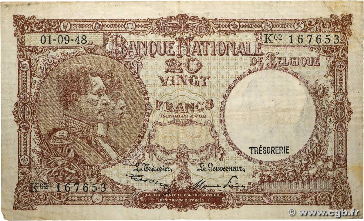 20 Francs BELGIUM  1948 P.116 F