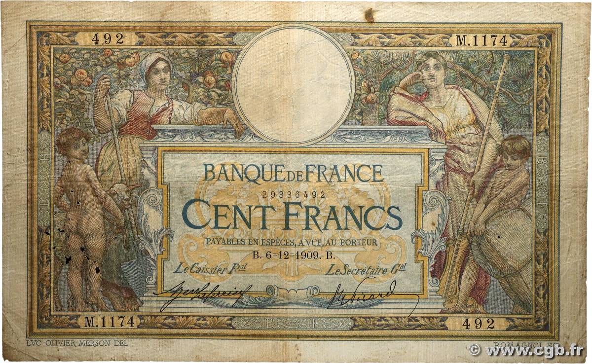 100 Francs LUC OLIVIER MERSON sans LOM FRANCE  1909 F.23.01 G