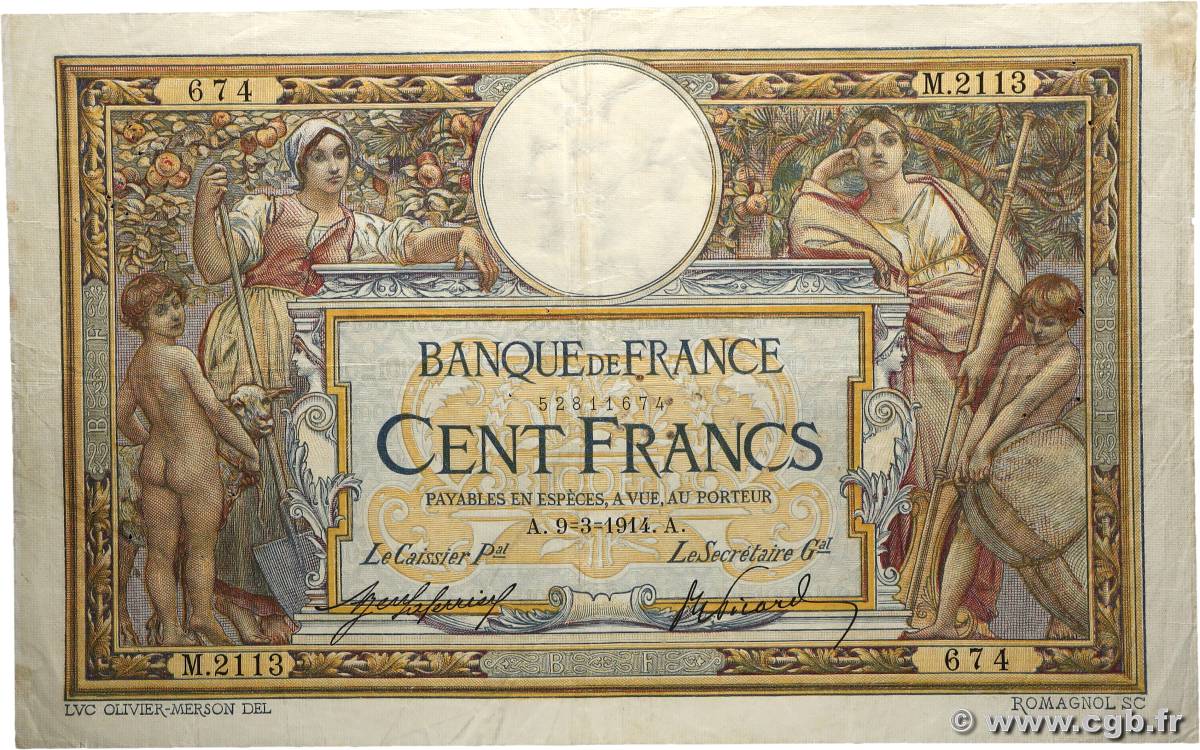 100 Francs LUC OLIVIER MERSON sans LOM FRANCE  1914 F.23.06 F