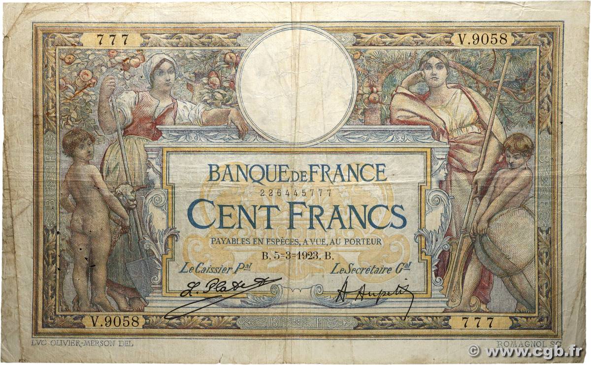 100 Francs LUC OLIVIER MERSON sans LOM Numéro spécial FRANCE  1923 F.23.16 VG