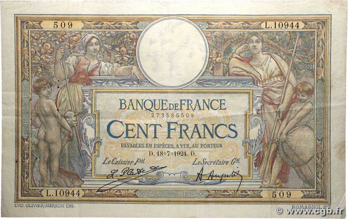 100 Francs LUC OLIVIER MERSON grands cartouches FRANCE  1924 F.24.02 F+