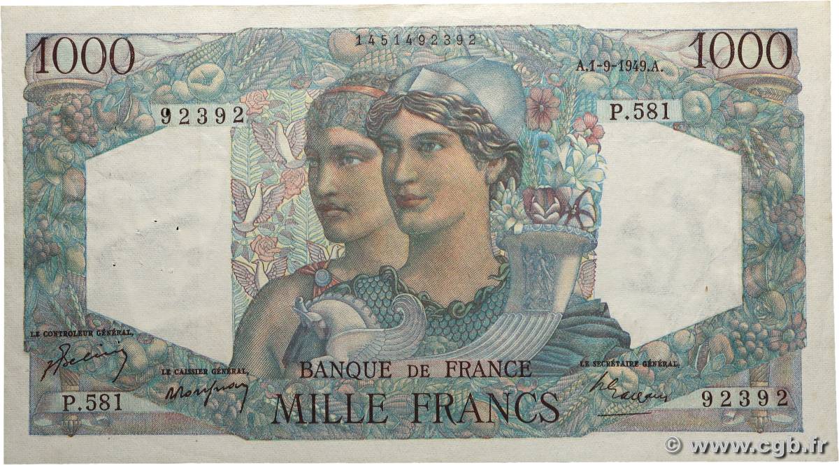 1000 Francs MINERVE ET HERCULE FRANCE  1949 F.41.28 VF+