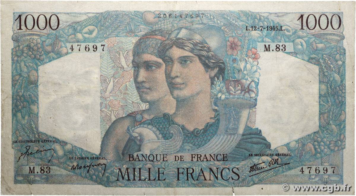 1000 Francs MINERVE ET HERCULE FRANCE  1945 F.41.06 F