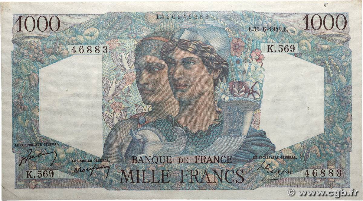 1000 Francs MINERVE ET HERCULE FRANCE  1949 F.41.27 VF