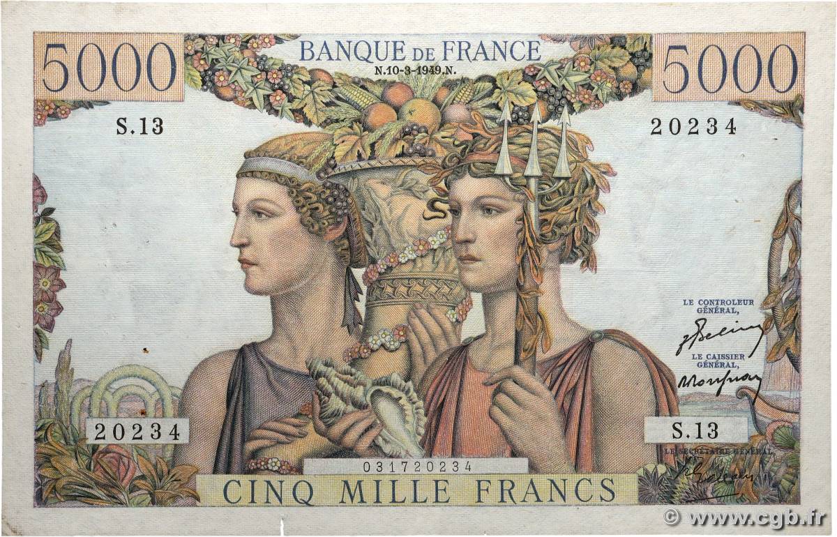 5000 Francs TERRE ET MER FRANCE  1949 F.48.01 VF-