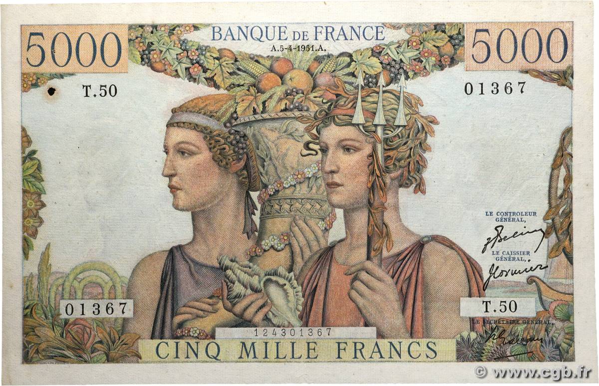 5000 Francs TERRE ET MER FRANCE  1951 F.48.04 VF