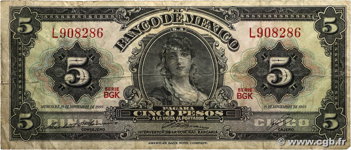 5 Pesos MEXIQUE  1969 P.060j TB