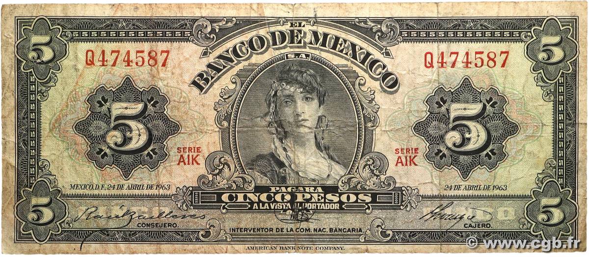 5 Pesos MEXICO  1963 P.060h fS