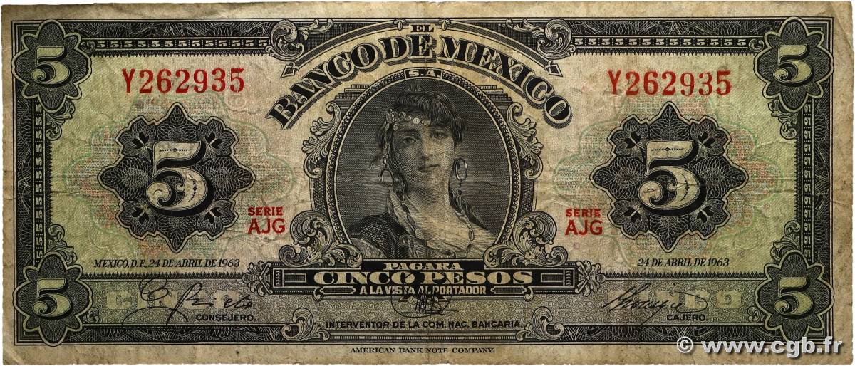 5 Pesos MEXICO  1963 P.060h F-