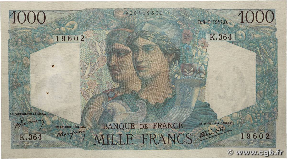 1000 Francs MINERVE ET HERCULE FRANCIA  1947 F.41.18 MBC