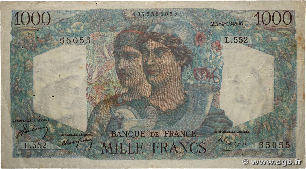1000 Francs MINERVE ET HERCULE Numéro radar FRANCIA  1949 F.41.26 BC