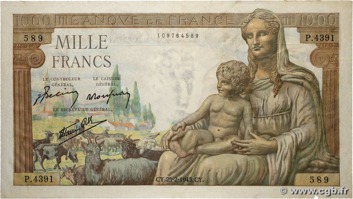 1000 Francs DÉESSE DÉMÉTER FRANCIA  1943 F.40.20 BC+
