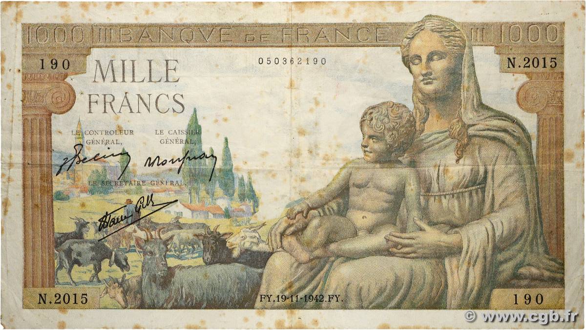 1000 Francs DÉESSE DÉMÉTER FRANCE  1942 F.40.11 TB
