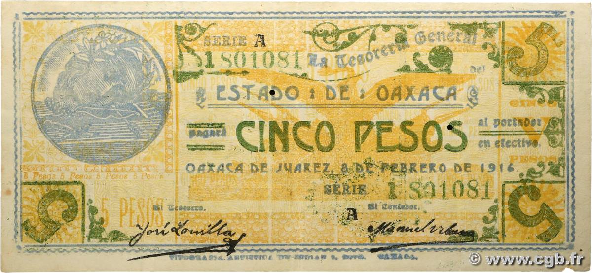 5 pesos MEXIQUE Oaxaca de Juarez 1916 PS.0954 TTB
