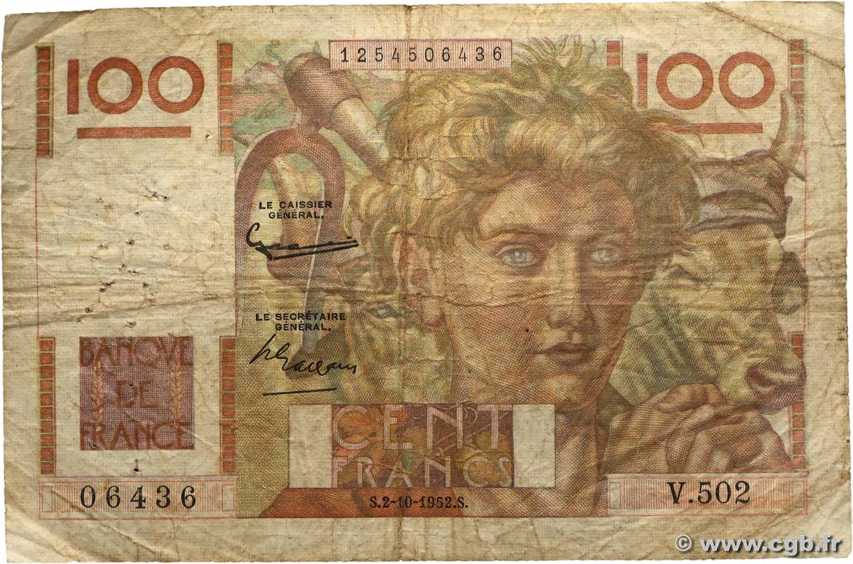 100 Francs JEUNE PAYSAN filigrane inversé FRANCE  1952 F.28bis.01 G